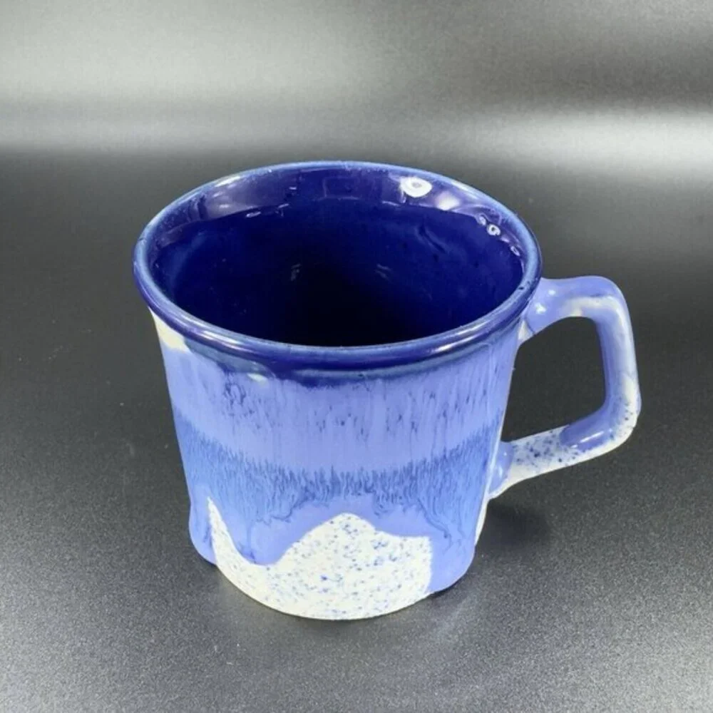 Vintage 1980s Blue Drip‎ Glaze Pottery Coffee Mug Cup Set 2 Hand Made Stoneware